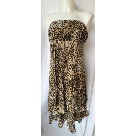 Sangria Dresses & Skirts - Sangria 100% Silk Y2K Strapless Midi Dress High Lo Leopard Print Ruffle Women 14